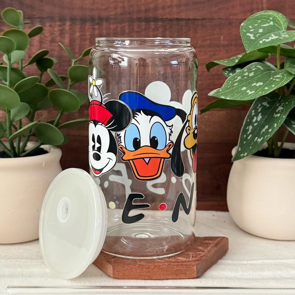 Disney Friends Glass Cup with White Lid - Mickey, Minnie, Donald, Pluto, Goofy
